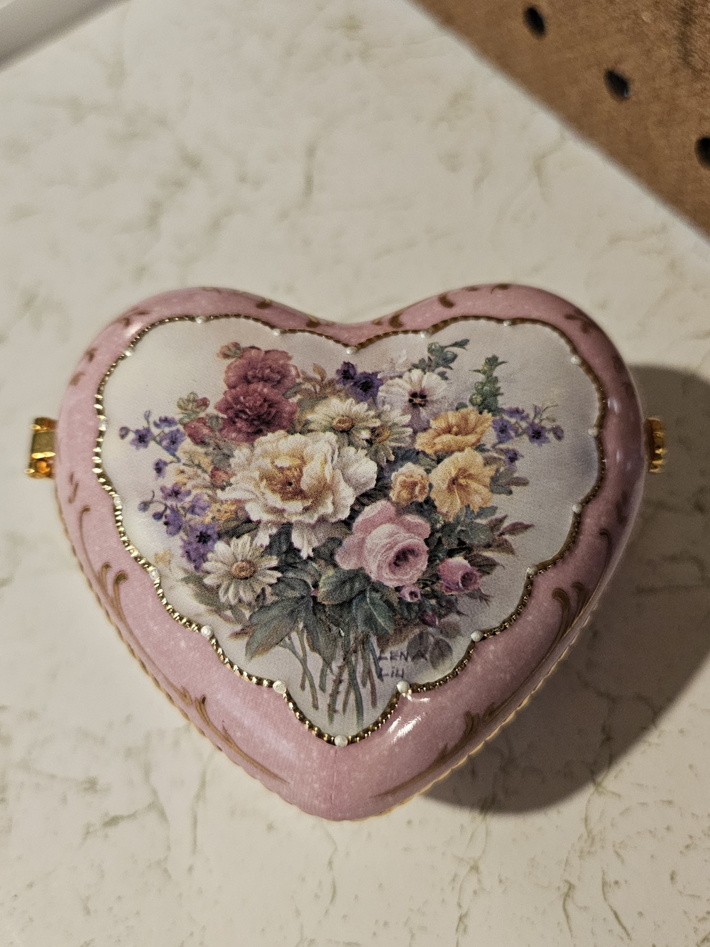 Pink Heart-Shaped Floral Keepsake Box